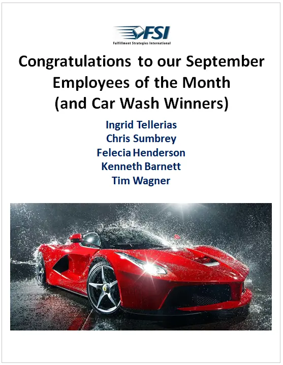 Poster for Fulfillment Strategies International (FSI) congratulating September Employees of the Month, listing five names, with an image of a red car being washed at the bottom and boxes in the background.
