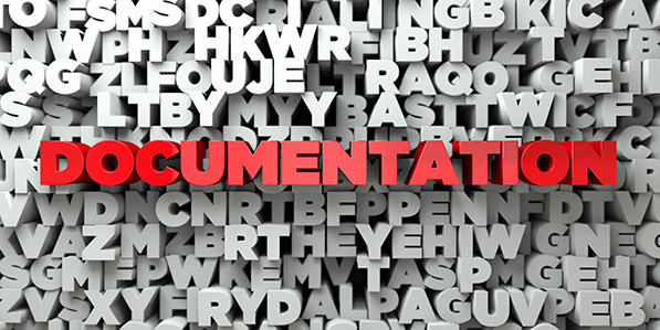 The word "DOCUMENTATION" in bold red letters is prominently displayed against a background of various other overlapping letters in white, reminiscent of the organized chaos often seen in a bustling warehouse.