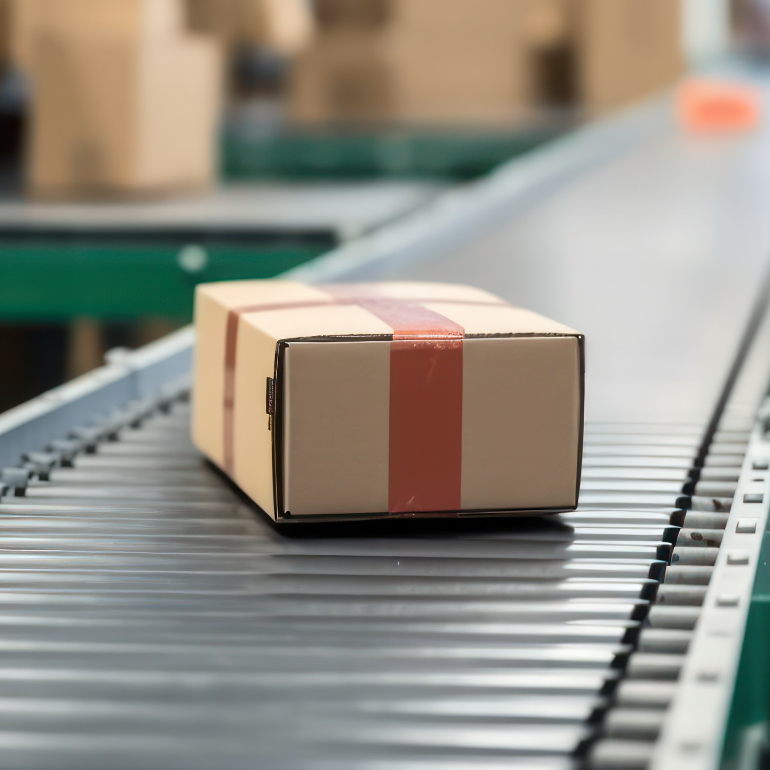 A single cardboard box with red tape moves along a conveyor belt in the warehouse.