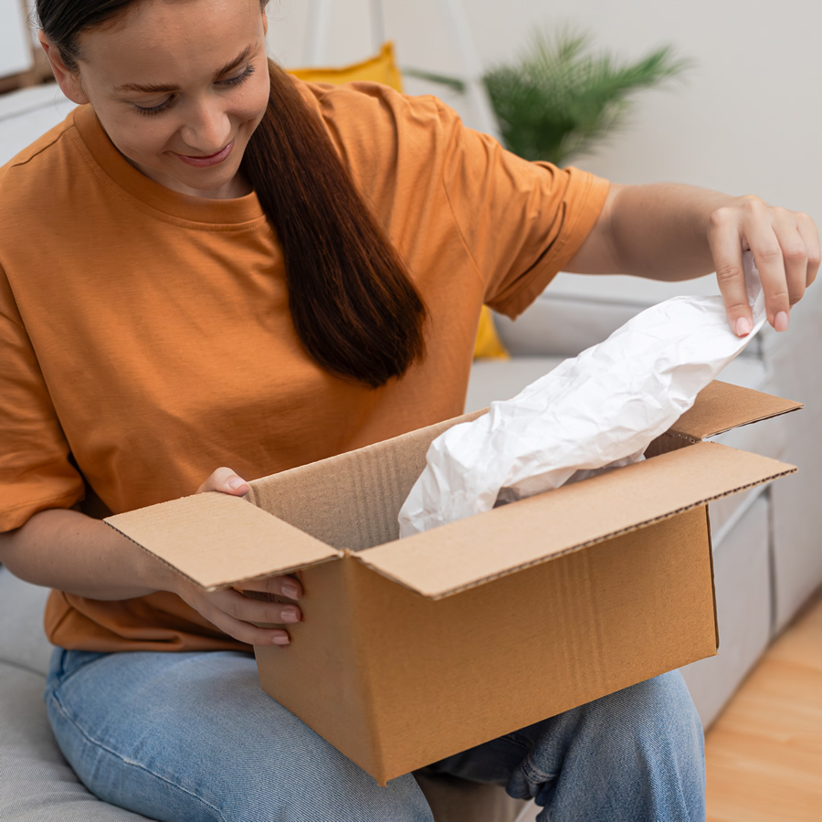 A person sits on a couch, smiling and unpacking a cardboard shipping box with white packing paper.