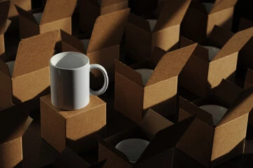 A white mug stands out among multiple brown cardboard boxes, some of which are open and empty from the recent fulfillment process.