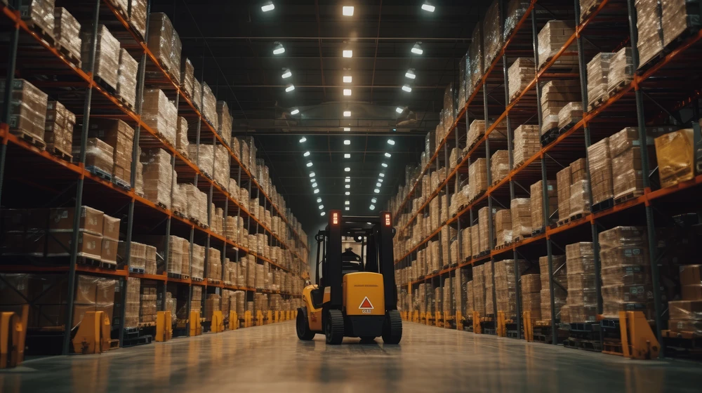 A forklift operates in a large warehouse with tall shelves fully stocked with pallets. Bright overhead lights illuminate the organized rows of inventory, ensuring efficient fulfillment and smooth logistics operations.