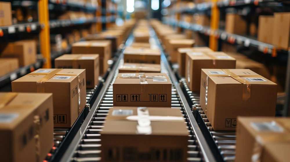 A conveyor belt in a busy fulfillment warehouse is transporting multiple cardboard boxes with shipping labels. Shelves with even more boxes are visible in the background, awaiting their turn for shipment.