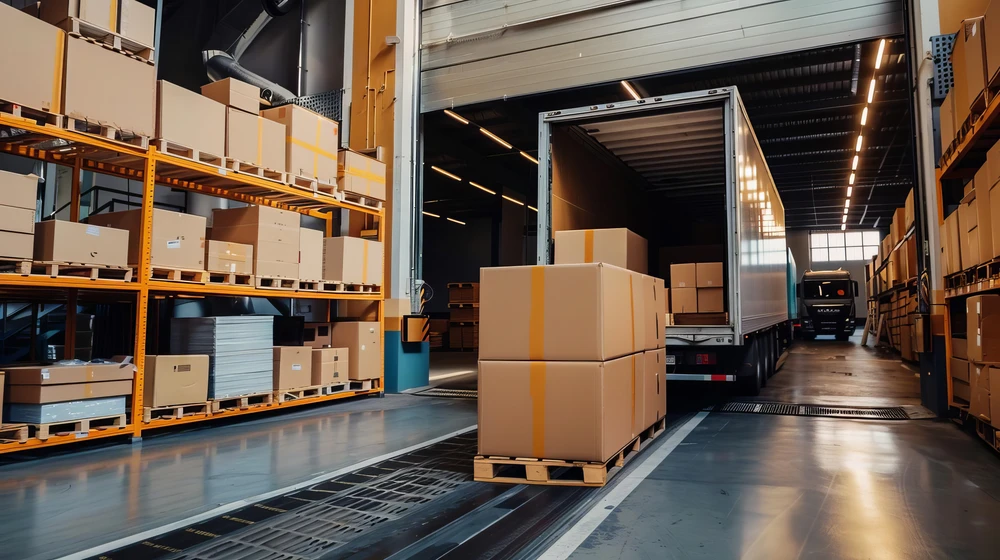 A warehouse interior with boxes on shelves and a truck being loaded with palletized boxes for shipping.