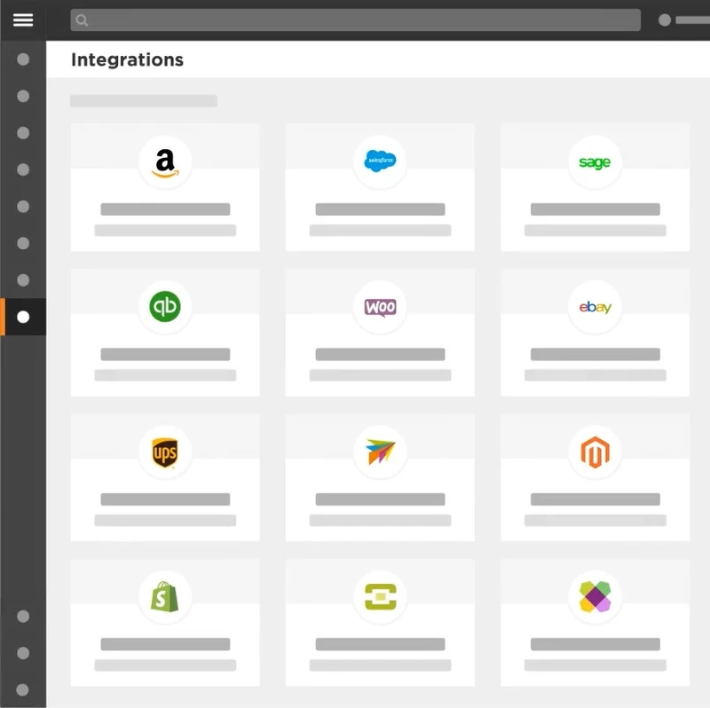 A grid of software integrations, including icons for Amazon, Salesforce, Sage, QuickBooks, WooCommerce, eBay, UPS for logistics and picking efficiency in warehouses, Mailchimp, Magento, Shopify, Xero, and Brightpearl—all displayed in a user-friendly web interface.