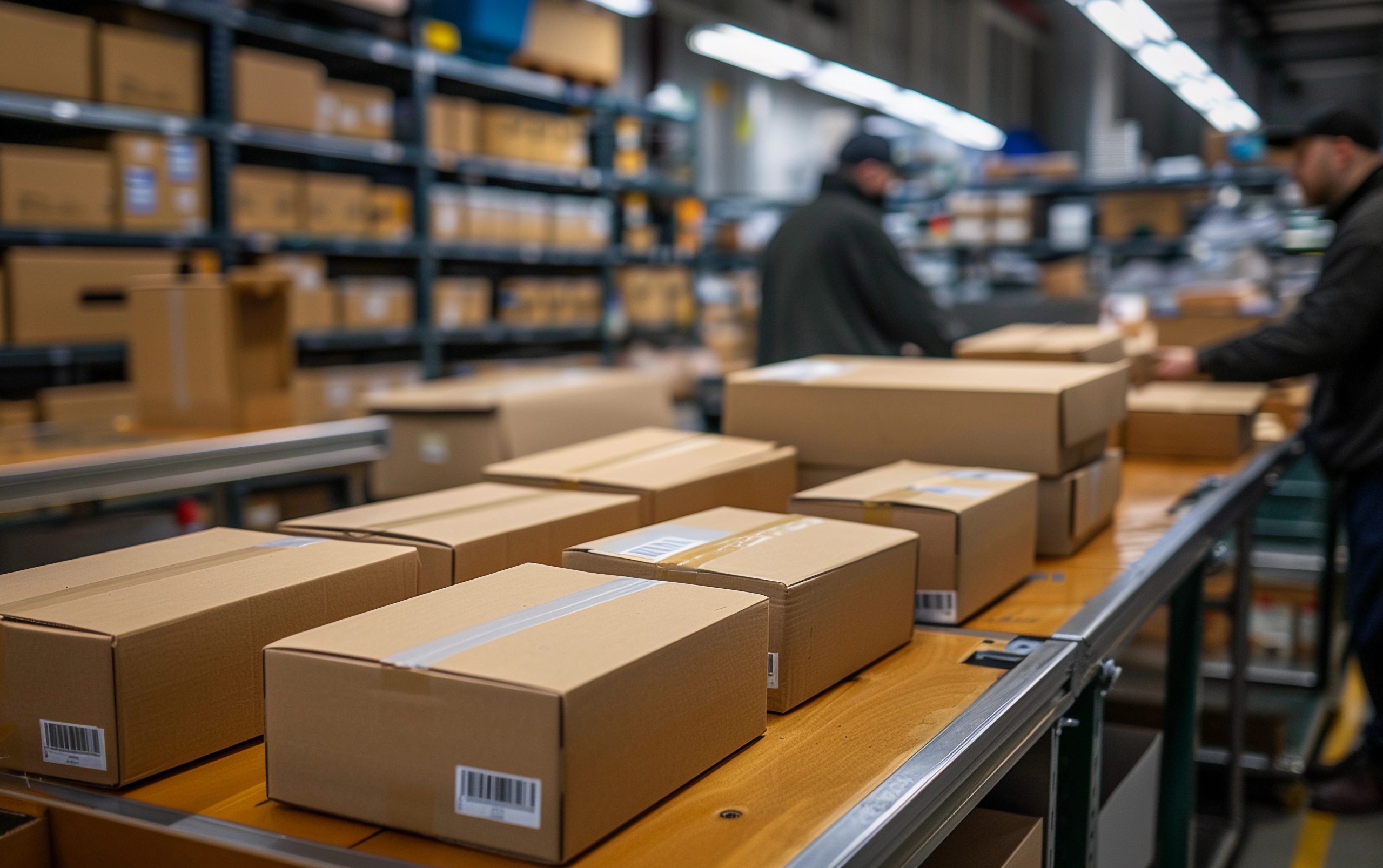 a close up shot of a line of cardboard boxes being prepared for delivery in a large warehouse. the boxes are stacked neatly on a wooden surface, ready to be loaded onto trucks