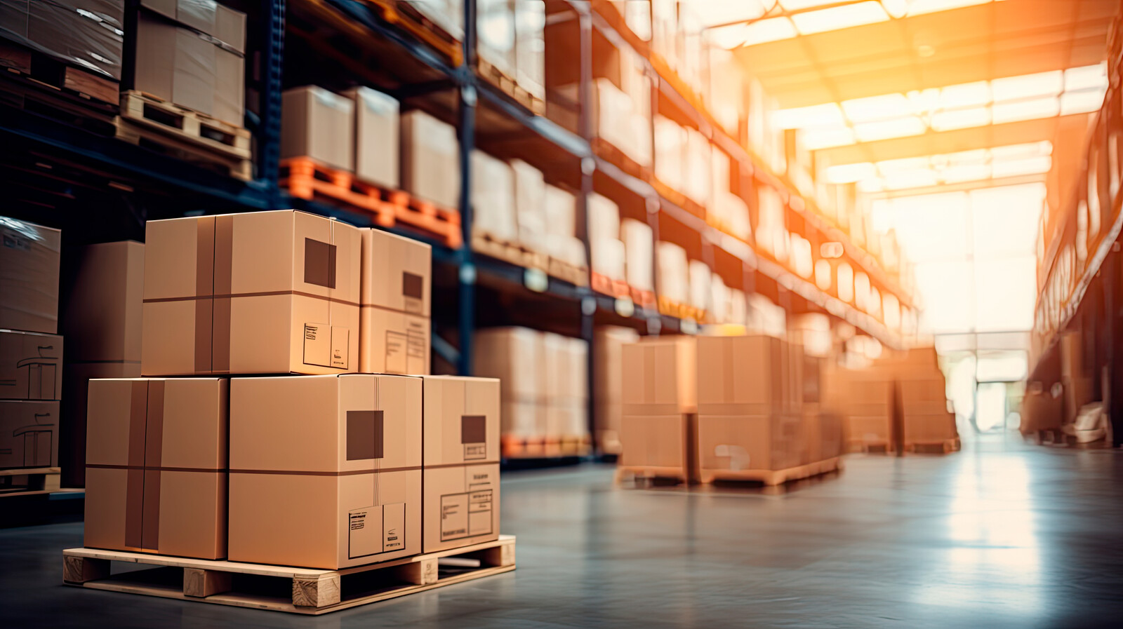 retail warehouse full of shelves with goods in cartons, with pallets and forklifts.